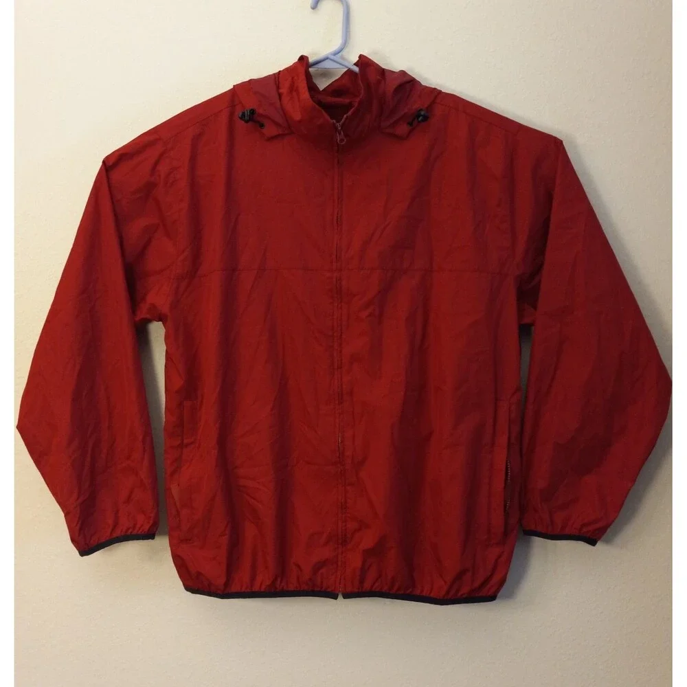 Mens Large IZOD Lightweight Jacket Windbreaker Polyester Red Hooded Pockets Vntg